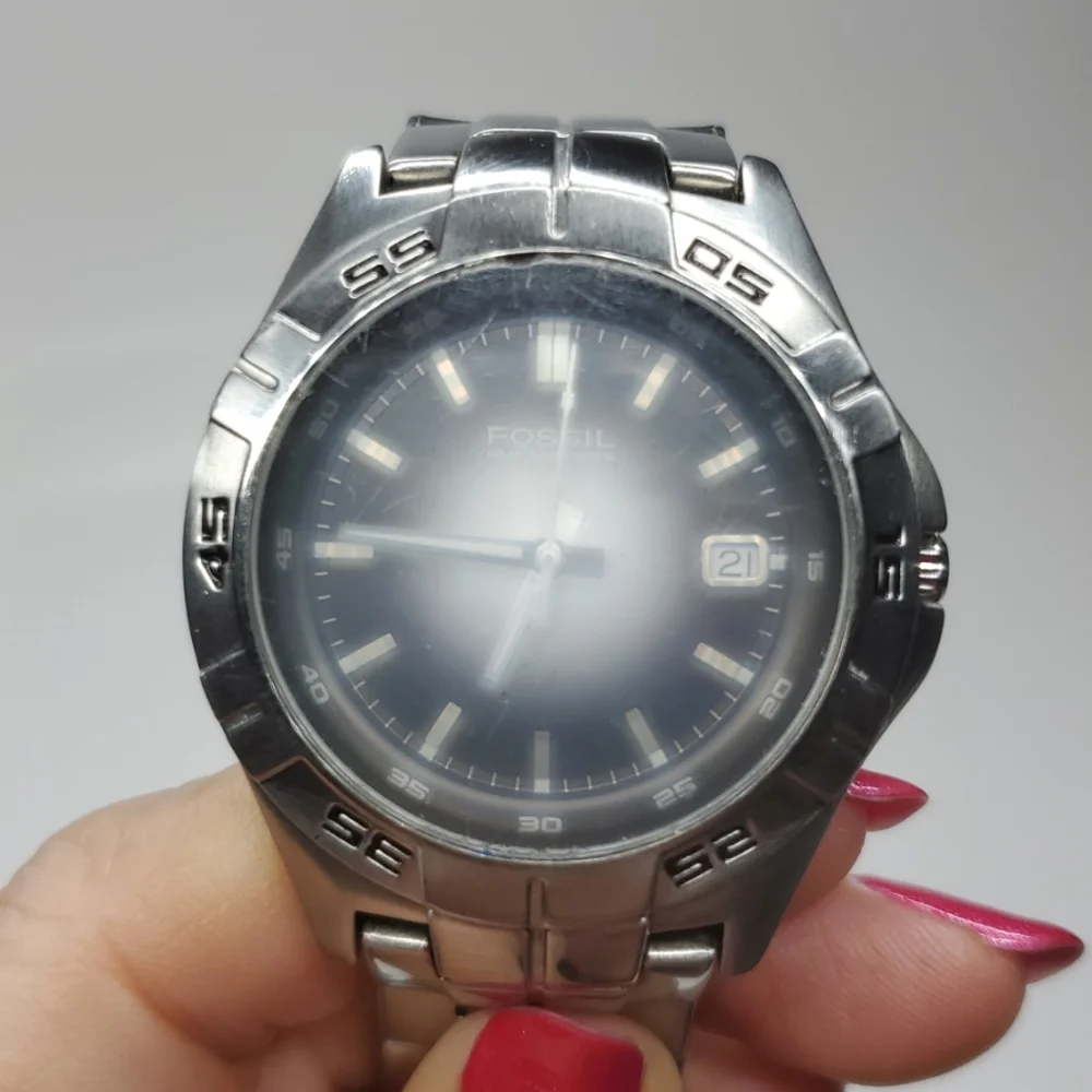 Vintage Fossil Blue AM-3997 Mens Watch Silver Steel Wristband Gray Face Watch